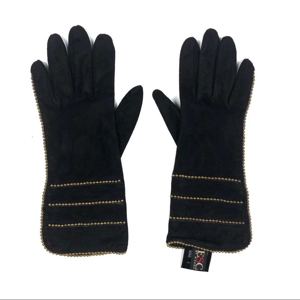 Vintage Escada Black Suede Gloves w/ Gold Beading